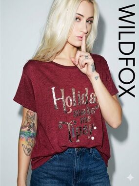 Wildfox Holidays Make Me Tipsy Red Gold Metallic Graphic Tee Small NWT